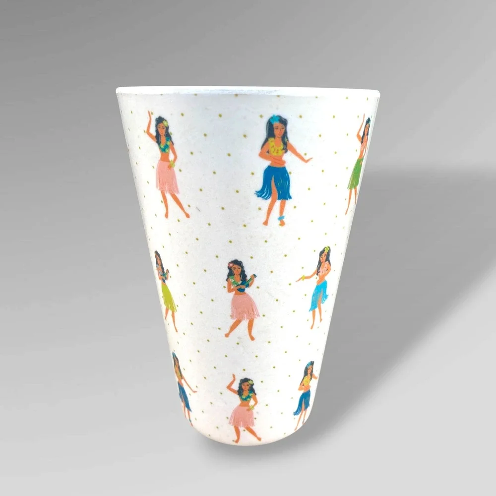 Fig & Fern Hula Girl Tumbler Set of 4 Tropical Retro Tiki Melamine Style Cups‎